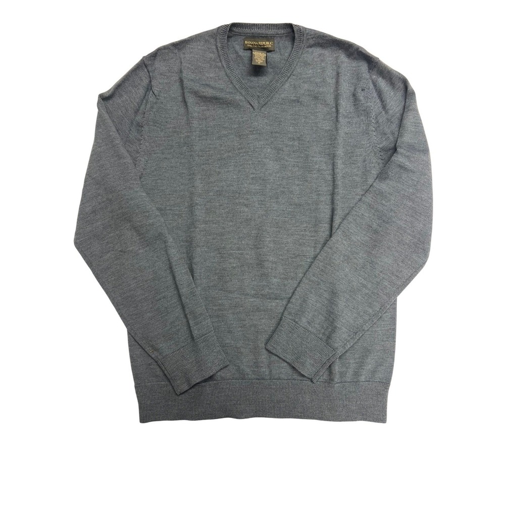 Banana‎ Republic Mens Grey Extra Fine Italian Merino Wool V Neck Sweater Size M
